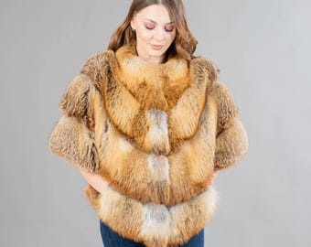 Fluffy Real Fox Fur Cape With Hood and Leather Belt. Winter Fur