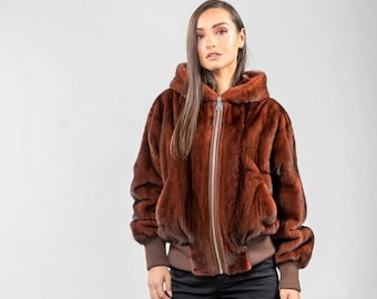 Veste en fourrure de vison véritable à capuche de couleur marron