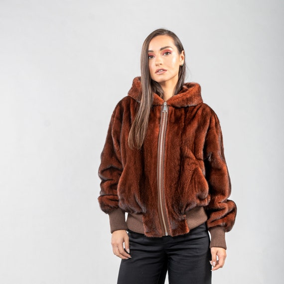 Real Mink Fur Jacket With A Hood in Brown Color 