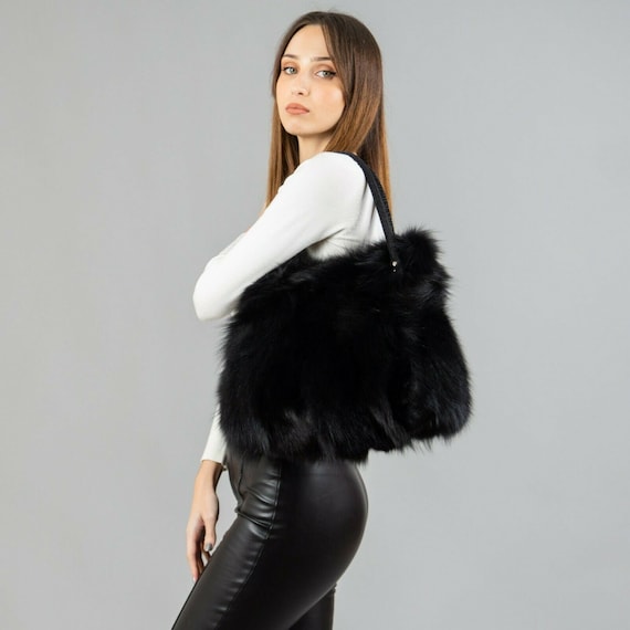 Real Fox Fur Handbag Black Shoulder Bag Women Fluffy Tote 