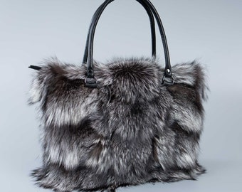 Silver Fox Fur Handbag With Leather Details