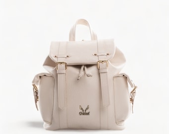 Beige Leather Backpack With Gold Details