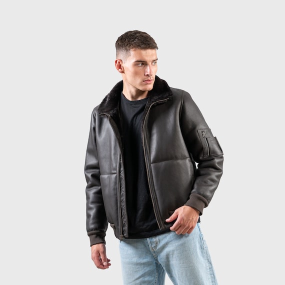 Black Sheepskin Reversible Bomber Jacket: Men's Suede Fur Coat - Etsy