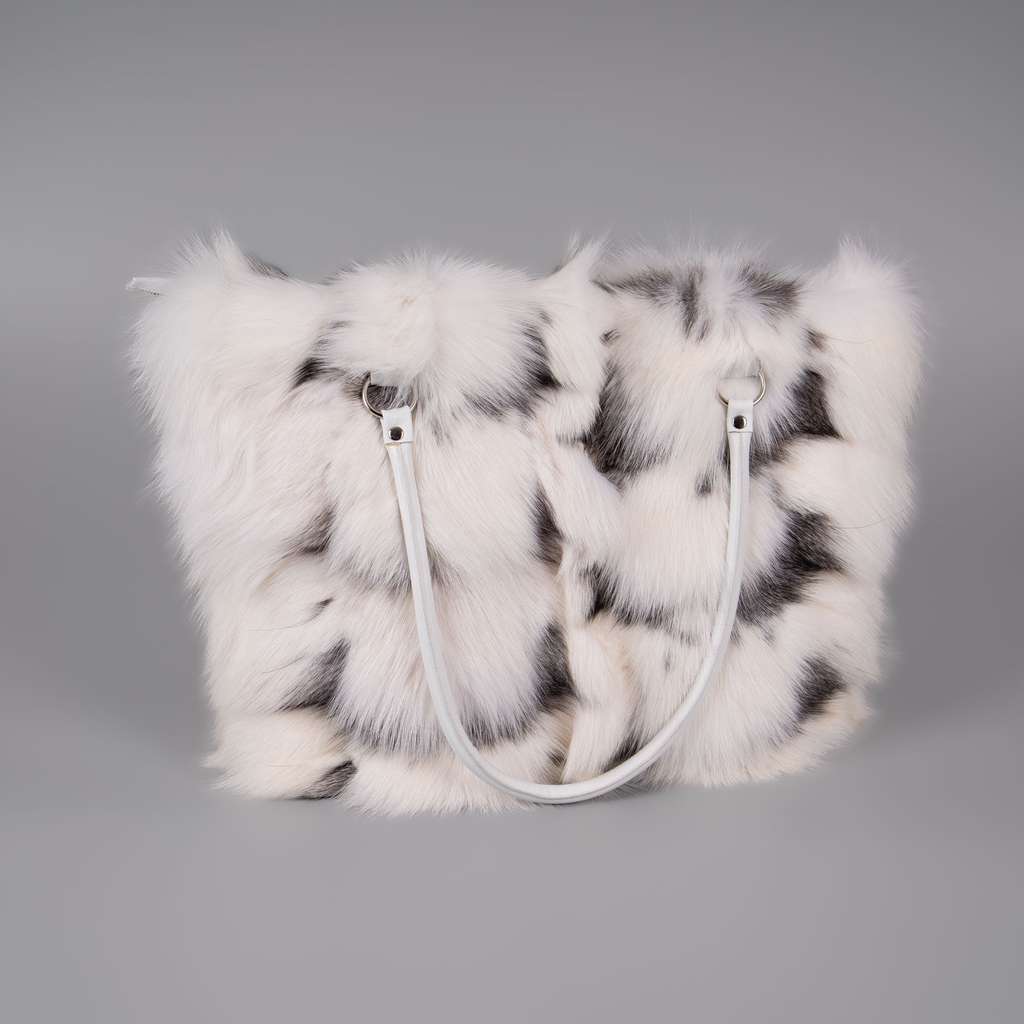 White Fox Fur Handbag With Gray Patterns and Leather Details - Etsy