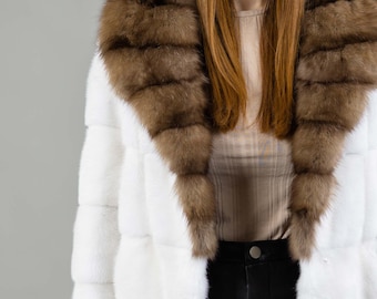 White Belted Mink Fur Coat With Sable Fur Real Fur Collar Women's Winter  Coats