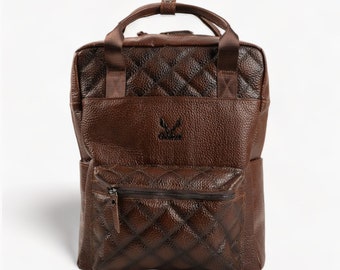 Brown leather backpack with zipper closure