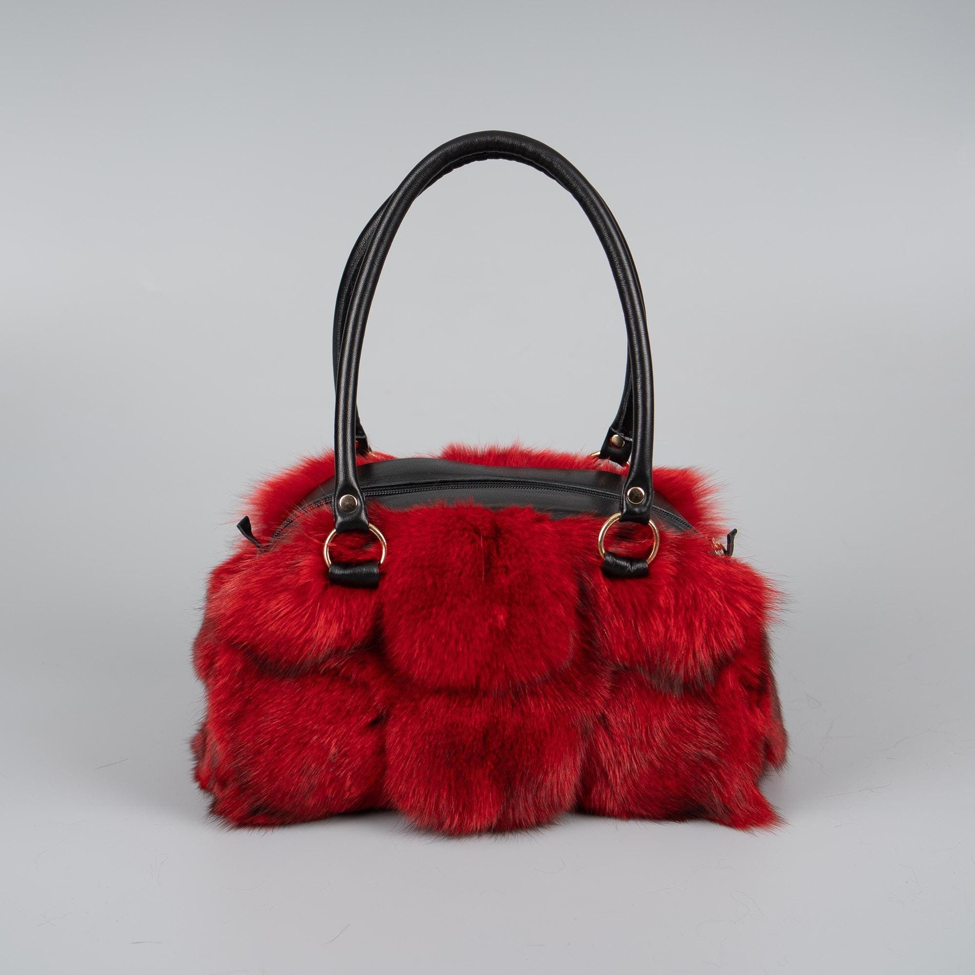 Fox Fur Red Fur Clutch Fuchsia Fox Fur Shoulder Bag With Leather