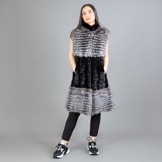 Long Black Fox Fur Vest: Mink Fur Collar, Silver Details
