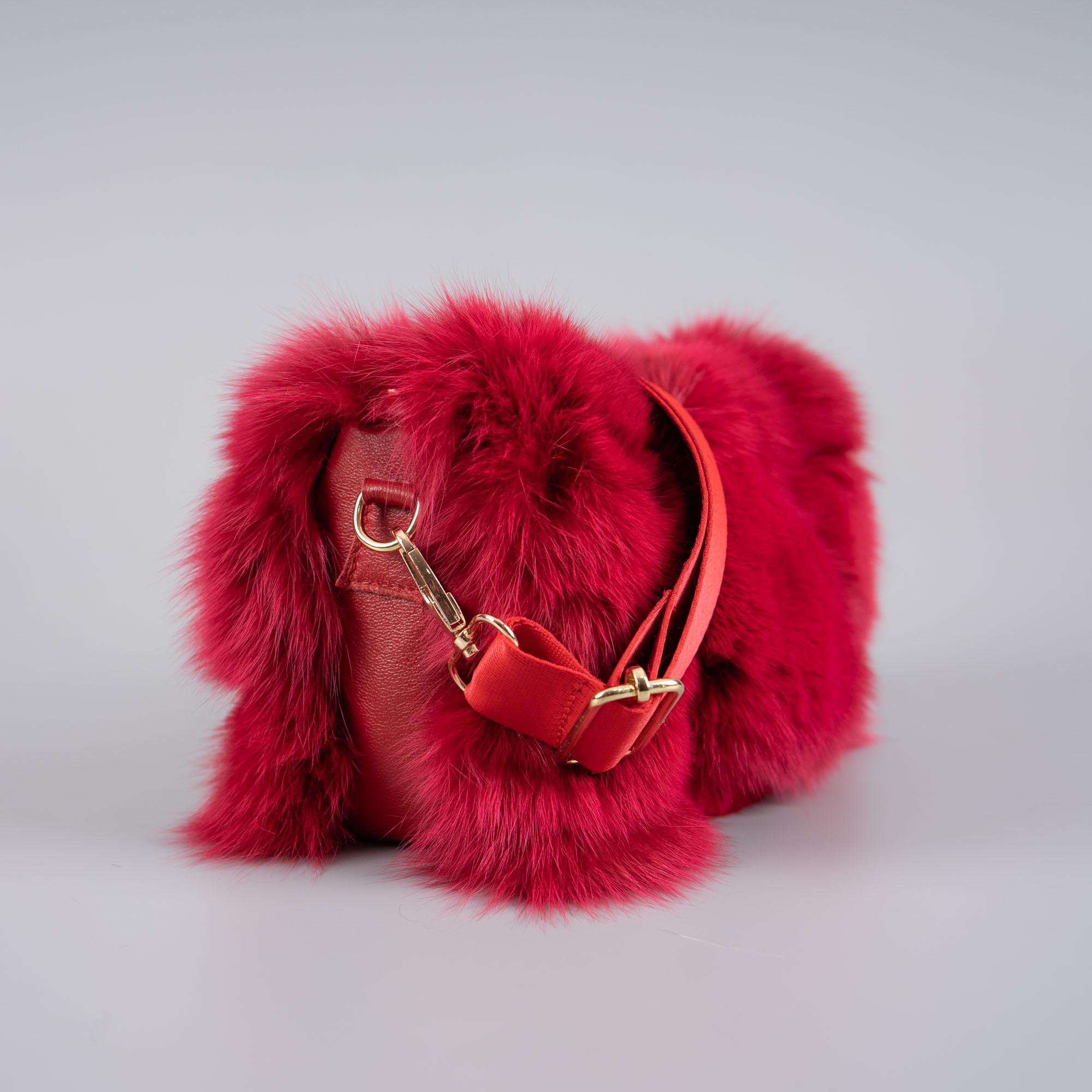 Luxurious Crimson Red Fox Fur Handbag With Chain and Strap Options