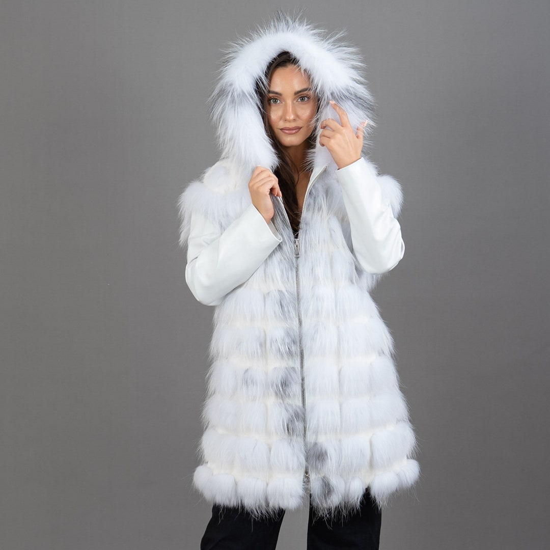 Hooded White Fox Fur Coat: Detachable Leather Sleeve Vest - Etsy