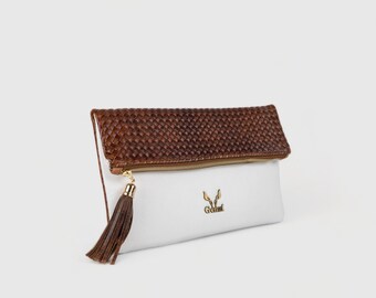 Leather folded clutch in brown-white color