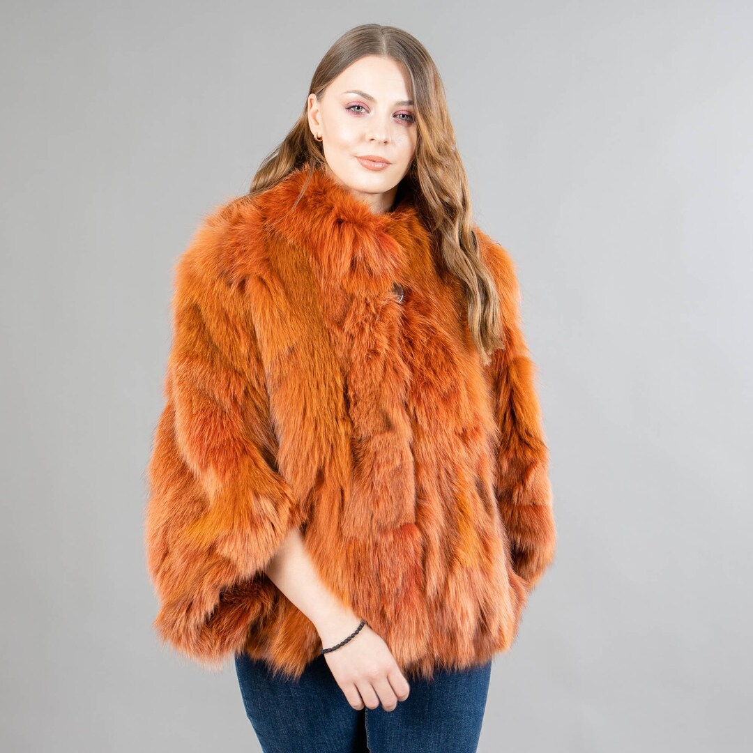 Genuine Fox Fur Cape Coat in Orange Color With A Fluffy Fur Collar