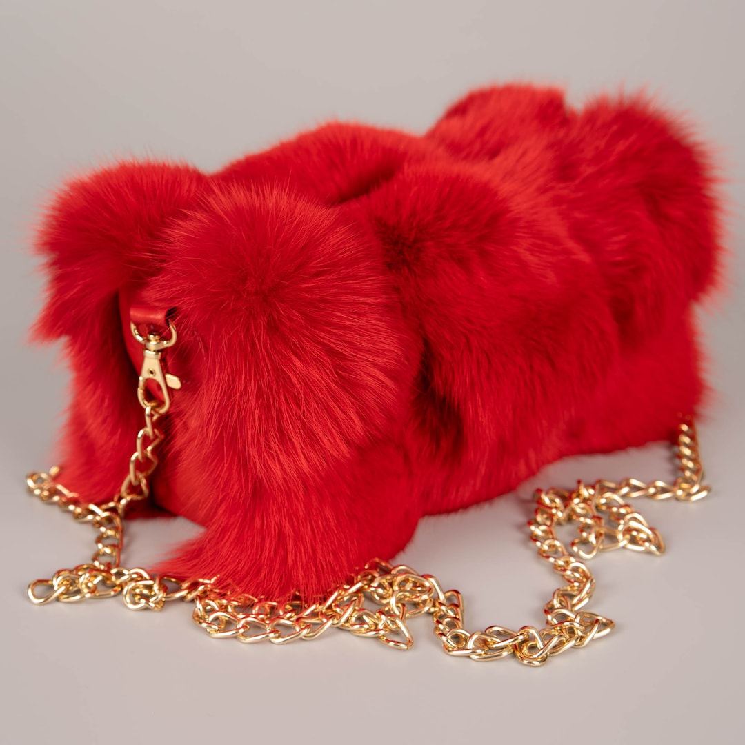 Exquisite Red Fox Fur Crossbody Bag With Goldtone Chain Strap Etsy