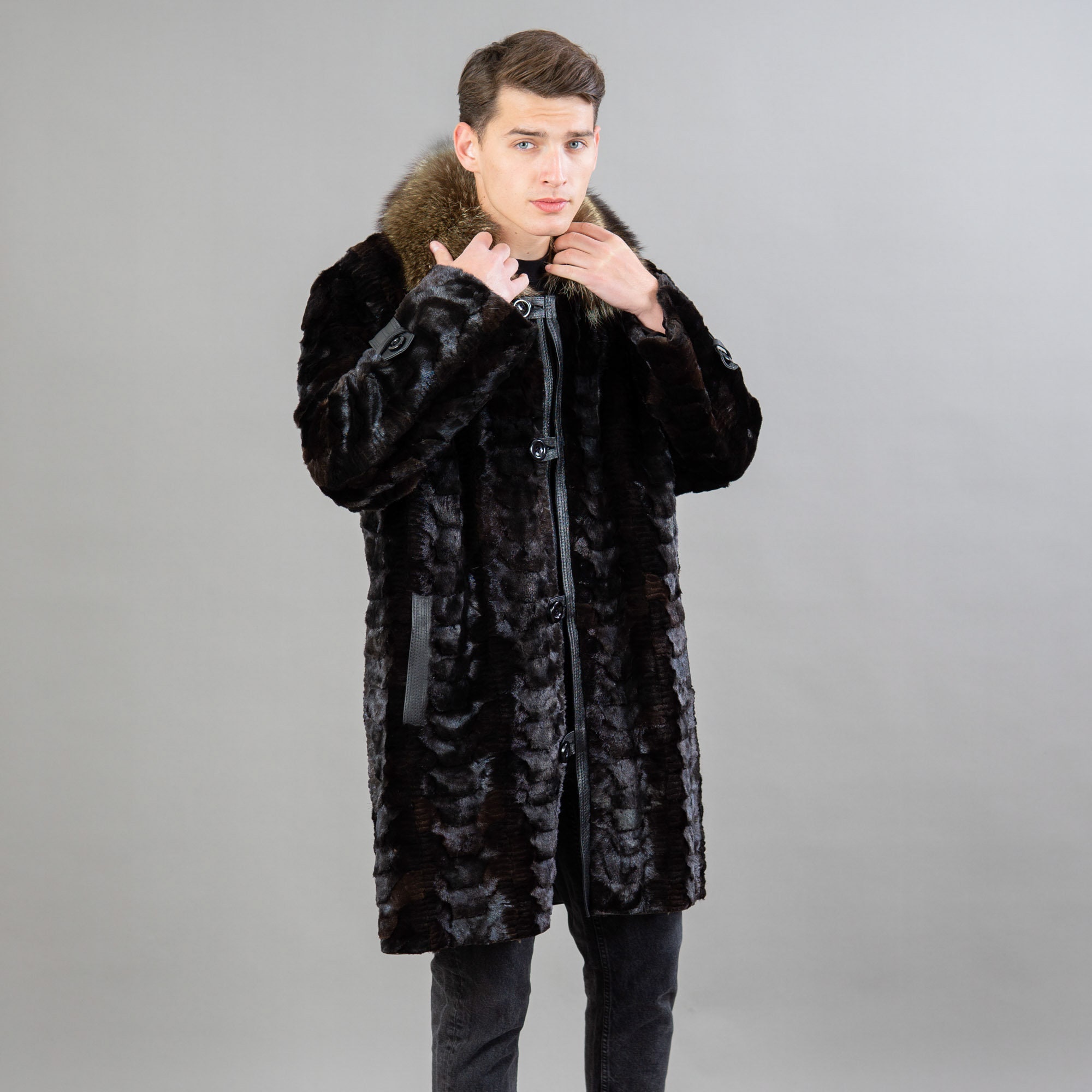 Men Winter Mink Fur Coat in Black Color With Raccoon Fur - Etsy