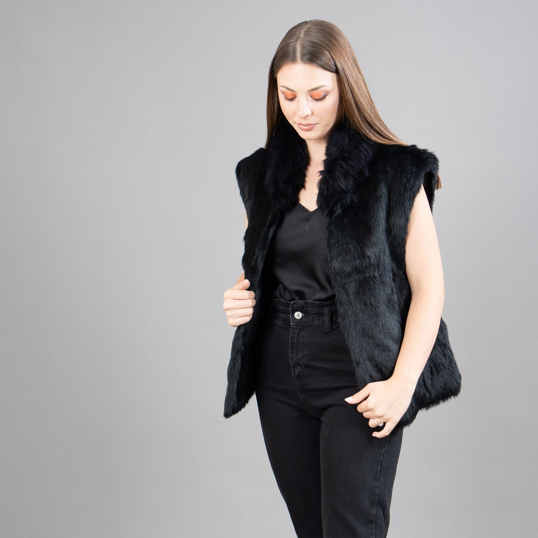Black Rabbit Fur Vest With A Fox Fur Collar Etsy
