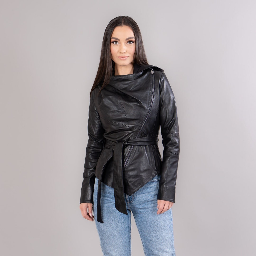 Black Leather Jacket With Belt and Hood High Quality, Warm, Side Zipper, Unique Pattern - Etsy Black Leather Jacket With Belt and Hood High Quality, Warm, Side Zipper, Unique Pattern - Etsy