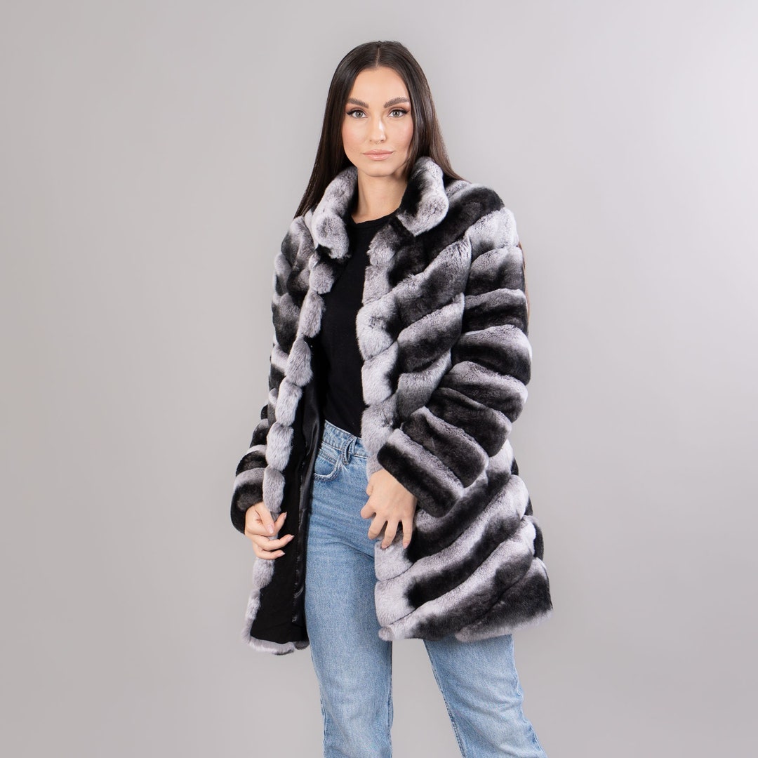 Rex Rabbit Fur Coat In Black And White Unique Soft Feel Warmth Hook 