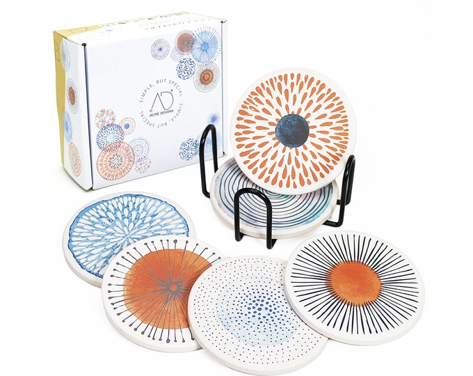 Absorbing Ceramic Drink Coasters Set with Cork Base & Holder