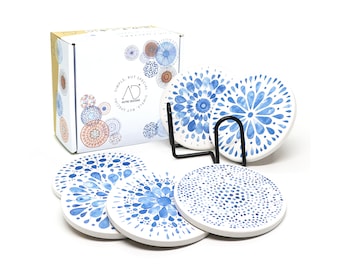 Set of 6 Drink Coasters  Absorbing Round Ceramic Stone Coaster with Cork Base,Tabletop Protection for Mugs & Cups,Office,Kitchen with HOLDER