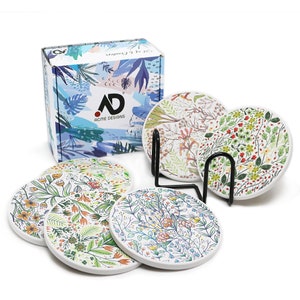 Floral Ceramic Coaster Set with Holder: Absorbent Drink Coasters