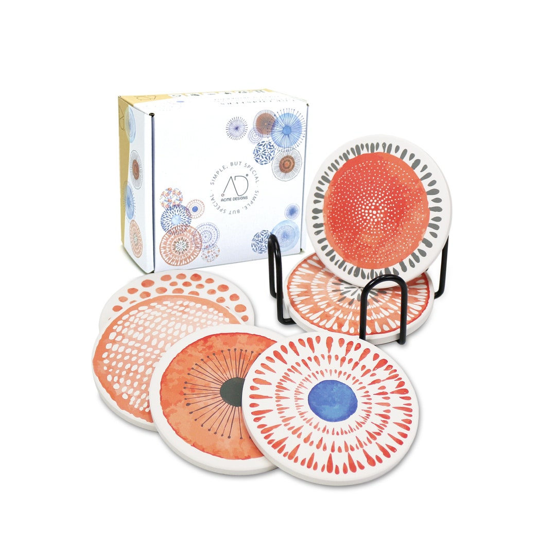 6 Pack Stone Cork Coaster Set With Holder Themed Decor Rings Themed ...