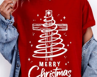 Feliz Navidad Svg Png, Árbol de Navidad Svg, Cruz de Jesús Árbol de Navidad Svg, Navidad Cristiana Svg, Fe Svg