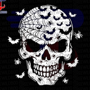 May include: A black and white Halloween-themed graphic featuring a skull decorated with spiderwebs, bats, and spiders. The skull has a menacing expression. The image includes the text "TREEWILDBOO" and SVG, PNG, EPS, and DXF.