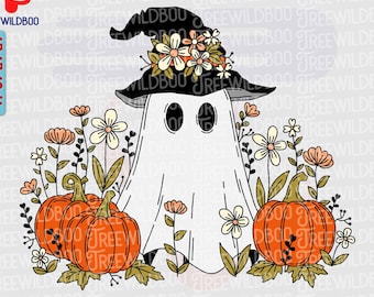 Leuke bloem Ghost Svg Png, Spooky Ghost Svg, pompoenbladeren vallen Svg, Halloween Ghouls Shirt Design, schattige Ghost Svg voor Cricut