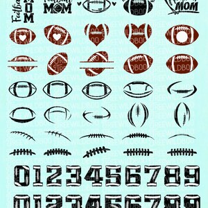 May include: A digital design sheet featuring various football-themed graphics, including footballs, hearts, and the text "Football Mom". The sheet also includes numbers 0-9 in a football design.