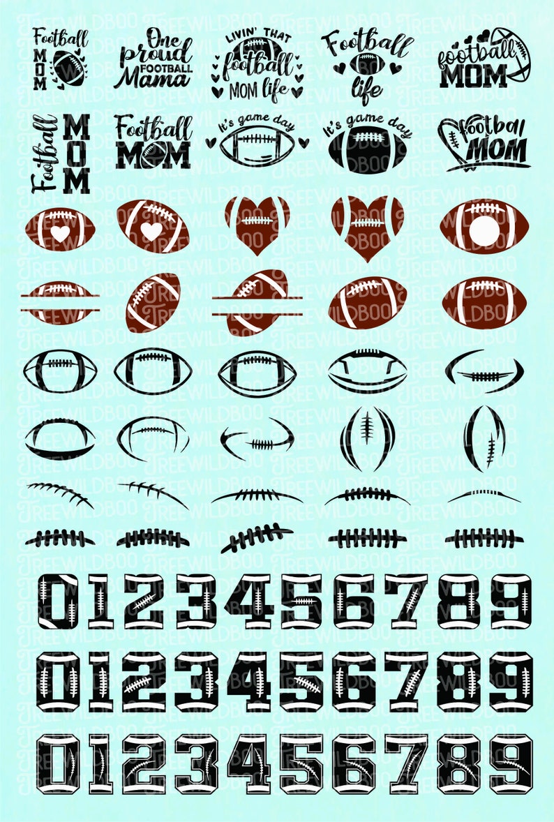 May include: A digital design sheet featuring various football-themed graphics, including footballs, hearts, and the text "Football Mom". The sheet also includes numbers 0-9 in a football design.