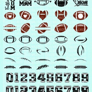 May include: A digital design sheet featuring various football-themed graphics, including footballs, hearts, and the text "Football Mom". The sheet also includes numbers 0-9 in a football design.