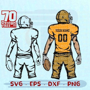 May include: Two black and white silhouette images of football players. The player on the right is wearing a yellow jersey with the text "YOUR NAME" and the number "00".