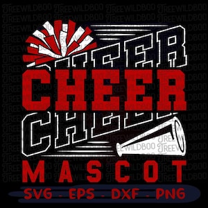 May include: Black graphic design with the words "CHEER" in red block letters above "CHEER" in white outlined letters. A red and white pom-pom and megaphone are also featured. The word "MASCOT" is in red block letters at the bottom.