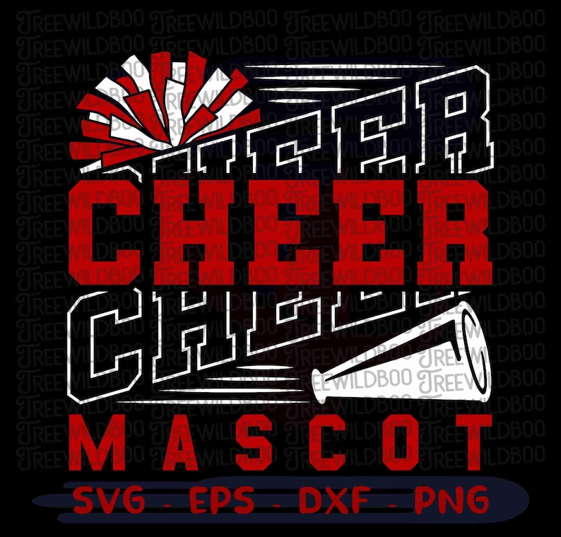 May include: Black graphic design with the words "CHEER" in red block letters above "CHEER" in white outlined letters. A red and white pom-pom and megaphone are also featured. The word "MASCOT" is in red block letters at the bottom.