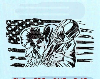 American Welder SVG, Welder Behind Flag Cricut Design, Patriotic Welding PNG Svg Eps Dxf vector art