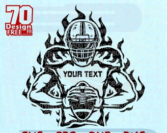 May include: Black and white silhouette of a football player wearing a helmet and holding a football. The player is surrounded by flames. The text "YOUR TEXT" is written on the player's jersey.