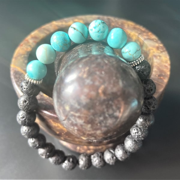 8mm bracelet in natural stones Round semi-precious stone Protective jewelry Turquénite beads and Lava stone