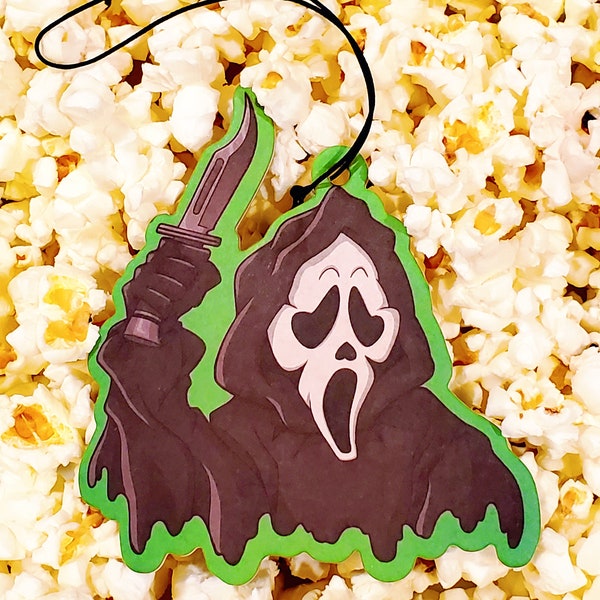 Scare Freshener Popcorn Scented B Movie Horror Ghost Mask Scary Face Screaming Slasher Doubled Sided Air Freshener