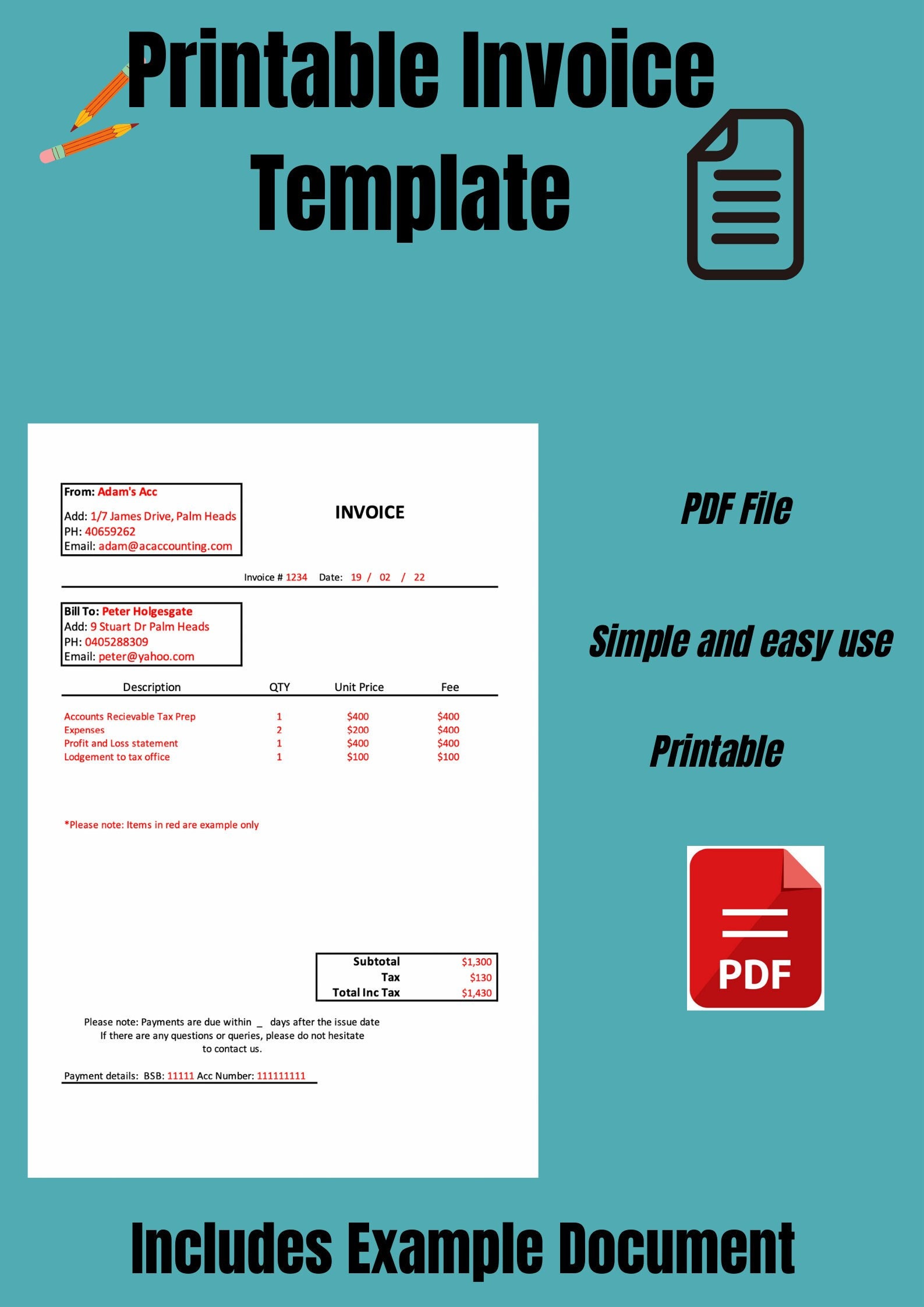 Printable Invoice PDF | PDF | Invoice Template | - Etsy