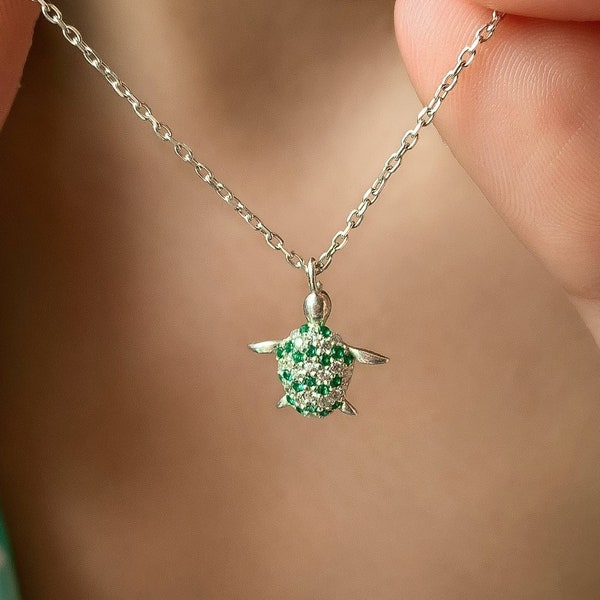 Emerald Tortoise Necklace, Dainty Turtle Necklace, Natural Gemstone Pendant, Petite Emerald Turtle Necklace, Turtle Jewelry for Woman