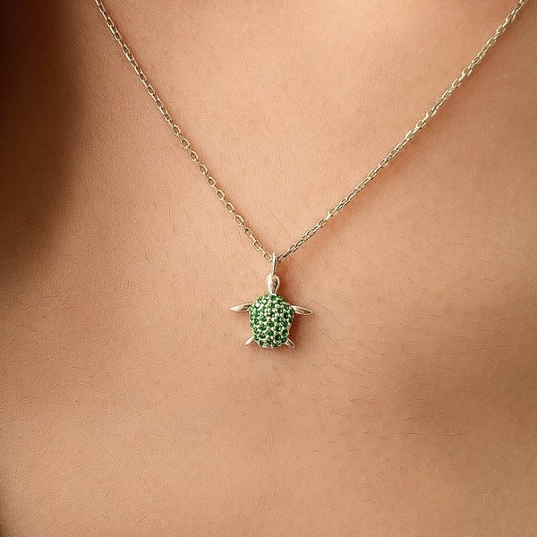 Emerald Turtle Necklace, Dainty Tortoise Necklace, Minimalist Zircon Turtle Pendant, Natural Gemstone Necklace, Emerald Turtle Jewelry