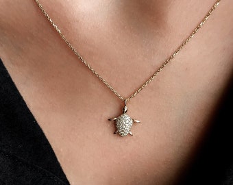 Sterling Silber Schildkröte Halskette: Diamant oder Zirkon Stein