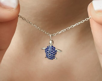 Handmade Sapphire Zirconia Turtle Necklace: Sterling Silver, 14K Gold