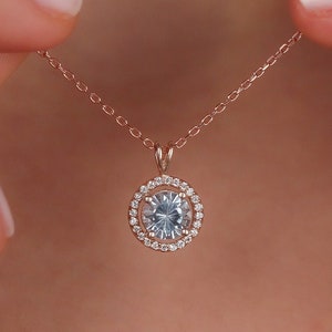 Real Blue Topaz Necklace with Diamond or Zircon, Perfect Gift for Girlfriend, Round Topaz Birthstone Necklace, Blue Topaz Solitaire Necklace