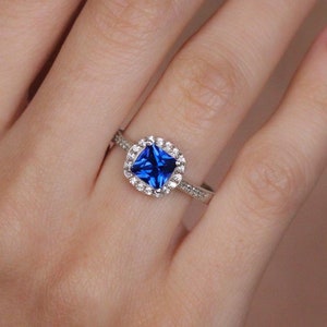 Blue Sapphire Halo Ring, Square Gemstone Promise Ring, Blue Engagement Ring, Sapphire jewelry Gift for Wife, September Birthstone Jewelry