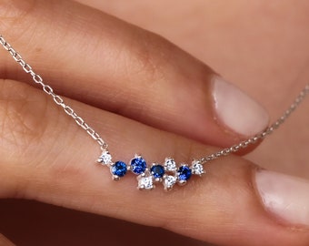 Solid Gold Blue Sapphire Cluster Necklace: September Birthstone