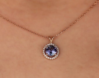 Handmade 14K Gold Tanzanite Necklace with CZ Diamond Halo