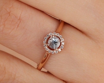 Handmade 14K Gold Aquamarine Ring: Diamond Halo, Minimalist Promise Ring