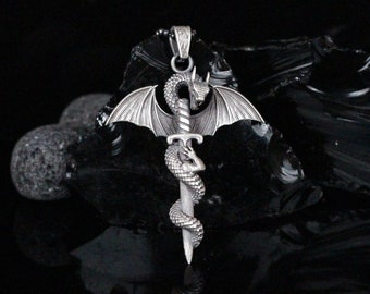 Dragon Wrapped Sword Necklace, Silver Mythology Jewelry, Dragon Sword Men's Necklace, Sword Pendant, Gothic Jewelry, Knight Mens Necklace