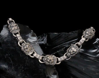 Sterling Silver Lion Bracelet for Men, Engraved Animal Charm Bracelet, Link Chain Leon Head Bracelet, Gift For Boyfriend, Fantasy Bracelet